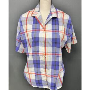women's vintage l/XL plaid short sleeve button down shirt red blue white